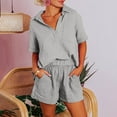 thumbnail image 4 of 2 Piece Sets Lounge for Women Summer Cotton Linen Tracksuit V Neck Crop Tops and High Waisted Shorts with Pockets, 4 of 5