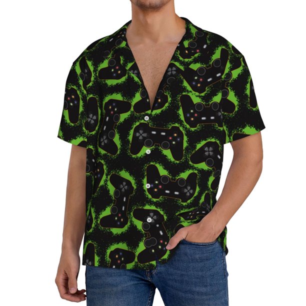 Fotbe Cool Gamepad Camisa Estampada de Manga Corta para Hombre, Casual de Verano, Estilo Playero, Sin Arrugas-Large