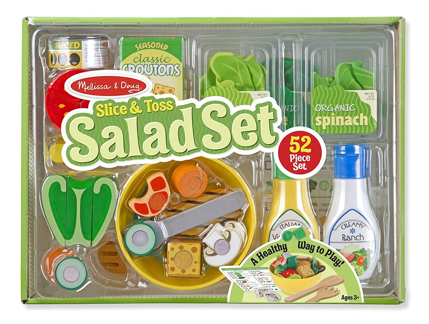 Melissa and Doug Slice and Toss Salad Play Food Set 52 Wooden and Felt Pieces , Green