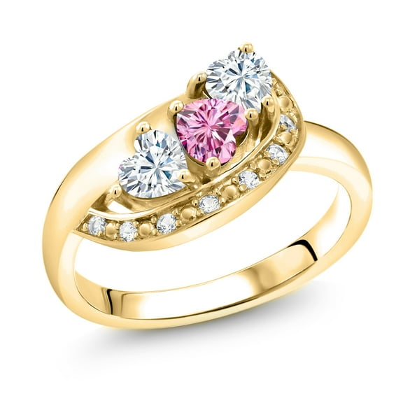 Gem Stone King 18K Yellow Gold Plated Silver Pink Moissanite and White Moissanite and White Created Sapphire Engagement Ring for Women (0.77 Cttw, Gemstone , Heart Shape 4MM, Size 9)
