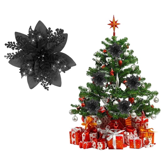 Christmas Flowers, Glitter Flowers, Christmas Tree Decorations, Artificial Poinsettia, Holiday Ornaments, Black Artificial Glitter Christmas Flower Pick, Sparkling Floral Ornament for Xmas Tree