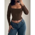 thumbnail image 5 of Womens Square Neck T Shirts Long Sleeve Short Sleeve Tops Fitted Tees Brown L, 5 of 8