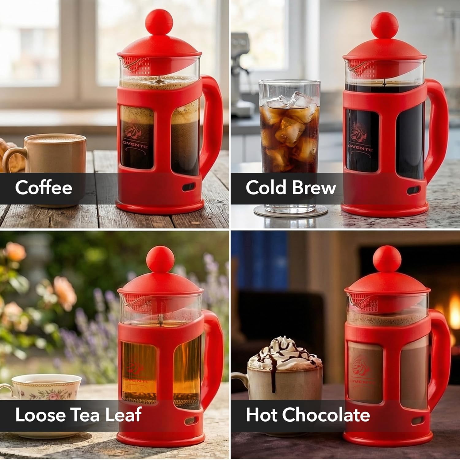 OVENTE French Press Coffee Maker 34 Ounce with Heat Resistant Borosilicate Glass & Stainless Steel 4-Level Filtration System, Portable Cold Brew Coffee Maker for Travel, Camping or Gift, Red FPT34R