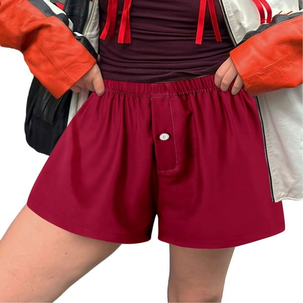 MKLEKYY Pantalones Cortos para Mujer, Bonitos, Suaves, Elásticos, de Cintura Baja, con Estampado A Cuadros y Botones En La Parte Delantera, para Pijama, Ropa de Dormir