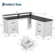 63 Inch Black & White L-Shaped Executive Desk, Large Corner Computer Desk with Monitor Stand, 4 File Drawers & Power Outlets, Home Office Storage Desk