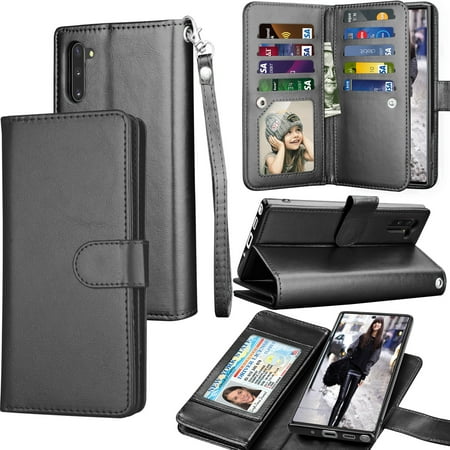 Tekcoo for Samsung Galaxy Note 5 8 9 10 10+ 5G Wallet Cases Cover, Tekcoo [Black] Luxury Cash Credit Card Slots Holder Carrying Flip Cover [Detachable Magnetic Hard Case] & Kickstand & Hand Strap