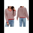 thumbnail image 3 of Suéter de Rayas de Larga para Mujer, Cuello en V, Bloque de Color, Punto Suave, Jersey de Moda Marrón y L, 3 of 8