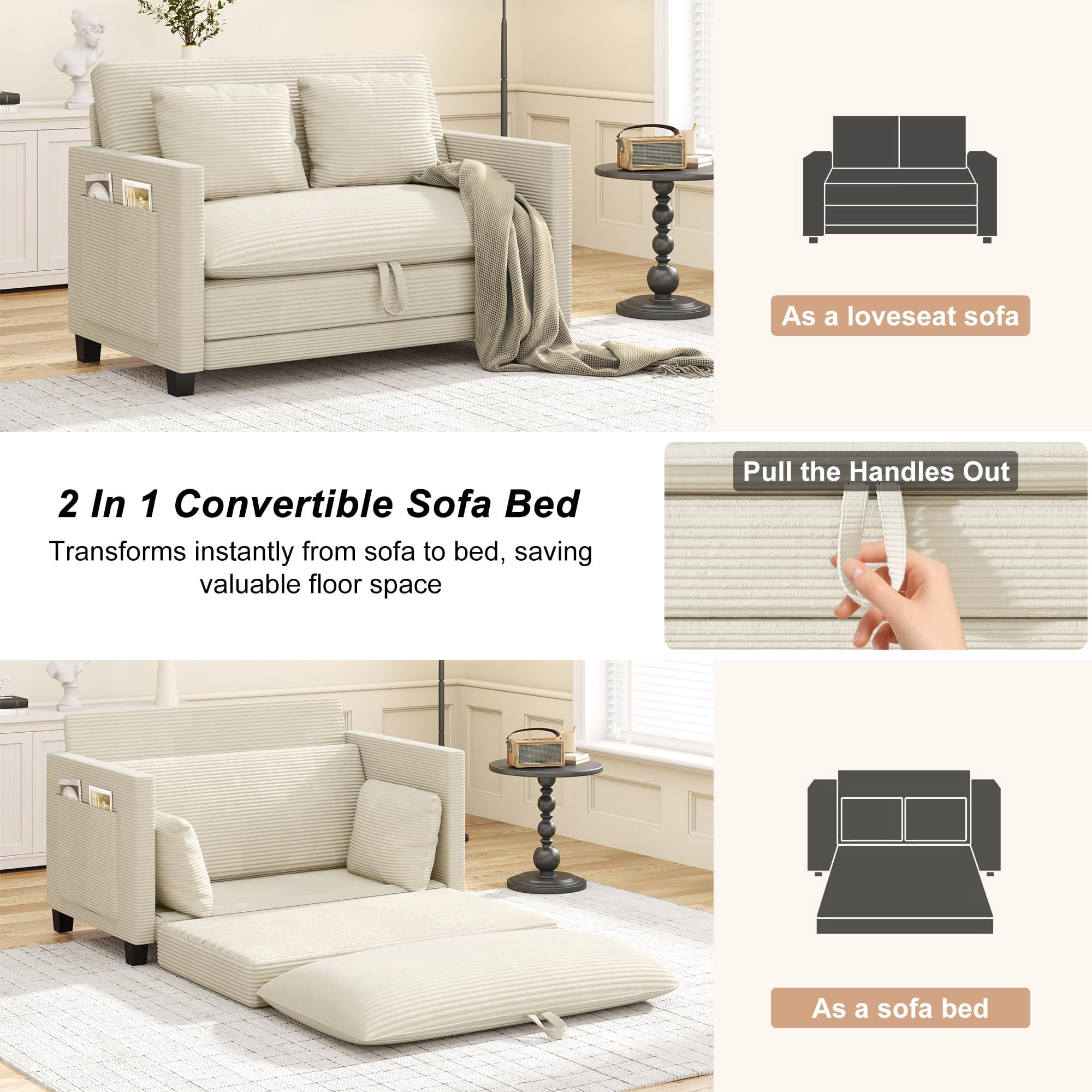 ANPOO 51 Inch Convertible Sofa Bed, 2-in-1 Folding Loveseat with Storage Pockets, 2 Pillows & Removable Cover, Modern Corduroy Sleeper Sofa for Small Spaces, Apartment and Living Room