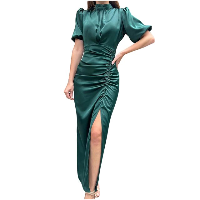 Long Sleeve Dress Women Womens Round Neck Short Sleeved Hem Slit Tight Long Dress Long Sleeve Dress for Women Short Sleeve Dress for Women Long Sleeve Long Dress for Women