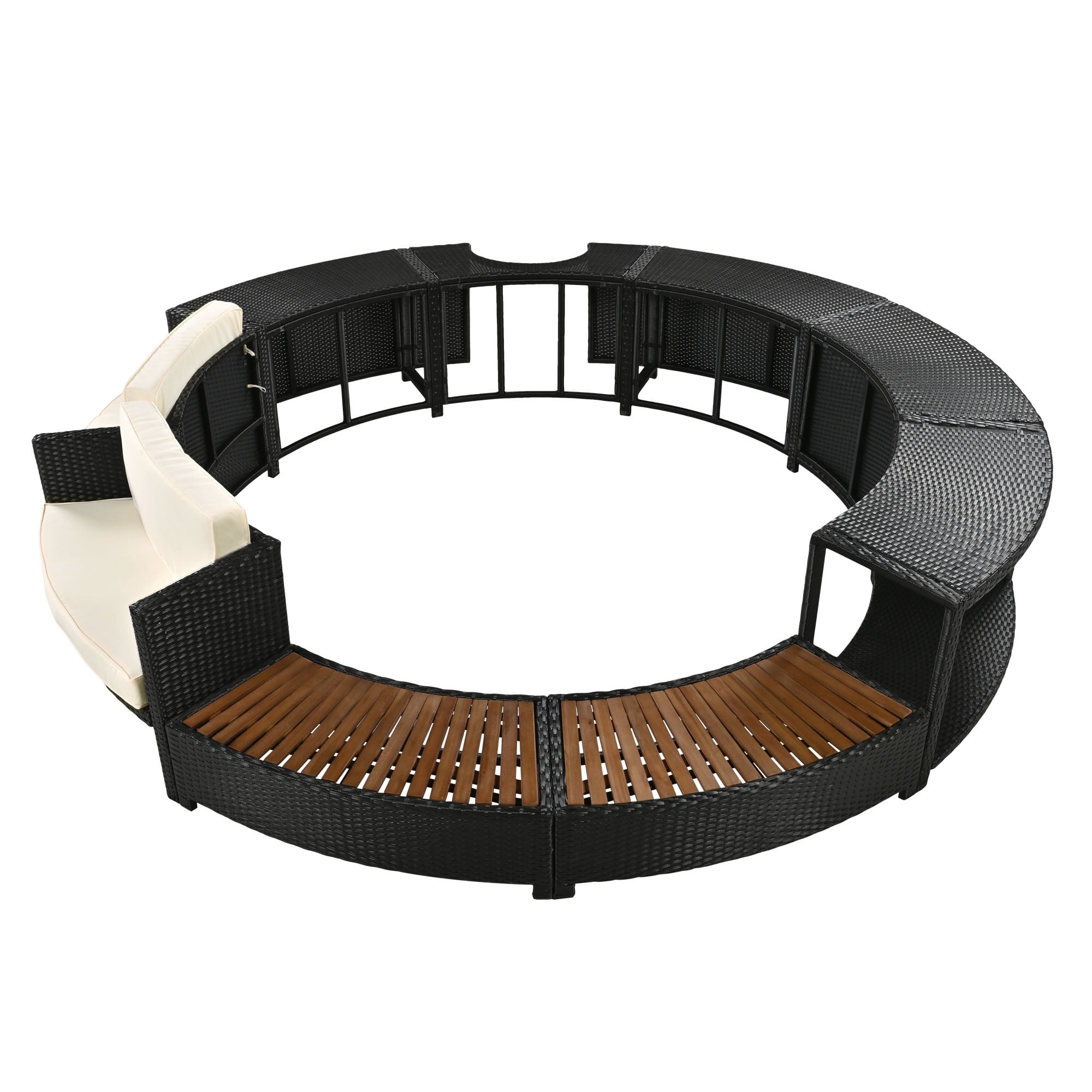 Outdoor Rattan Furniture Set Hot Tub Parts, Surround Outdoor Spa Sectional Sofa Frame, Loveseat with Beige Cushions, Wooden Bench, Storage Cabinet, Large Top Space, 112.2’’Dia