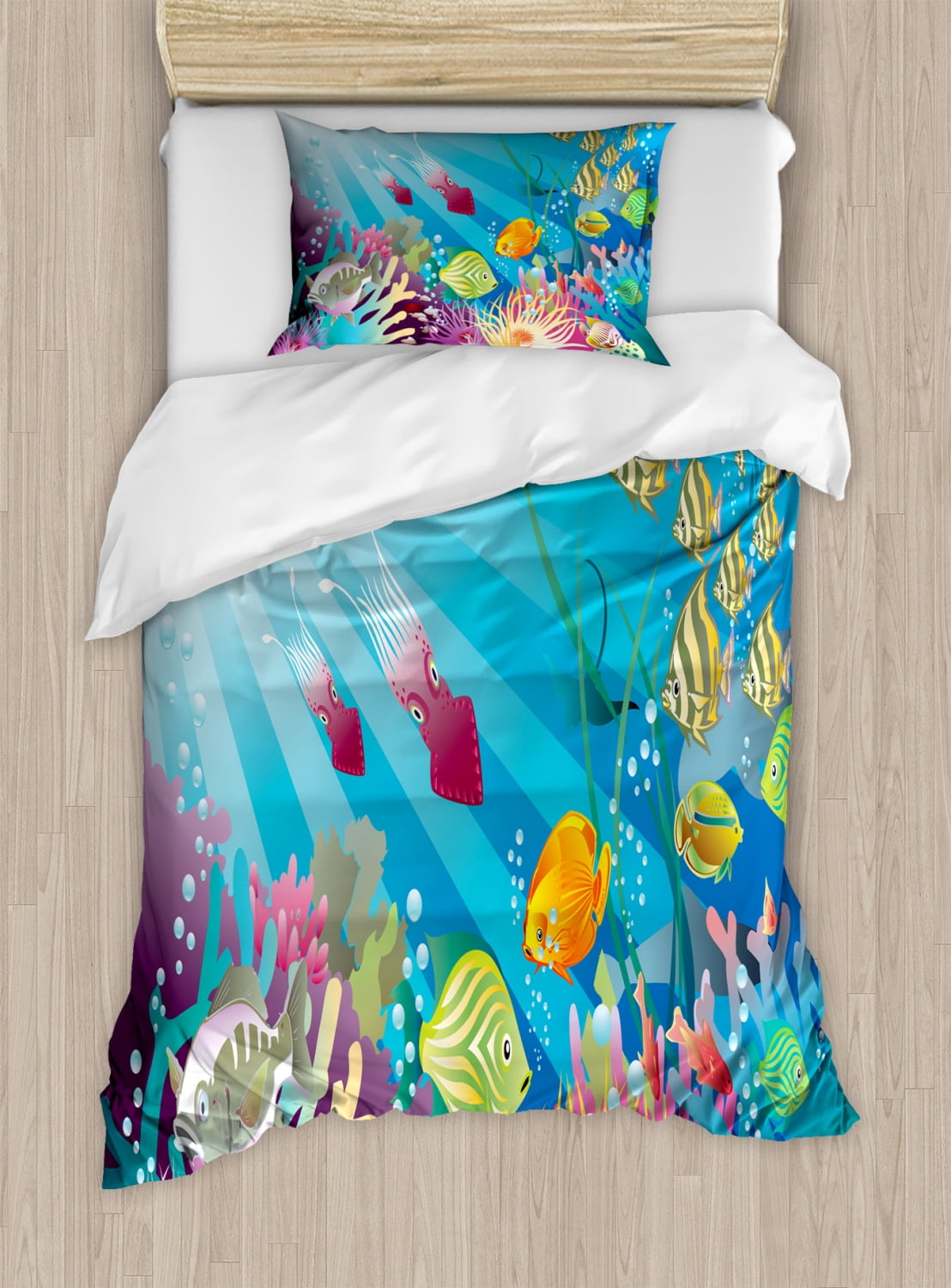Underwater Duvet Cover Set, Print of Colorful Marine Themed Lifestyle