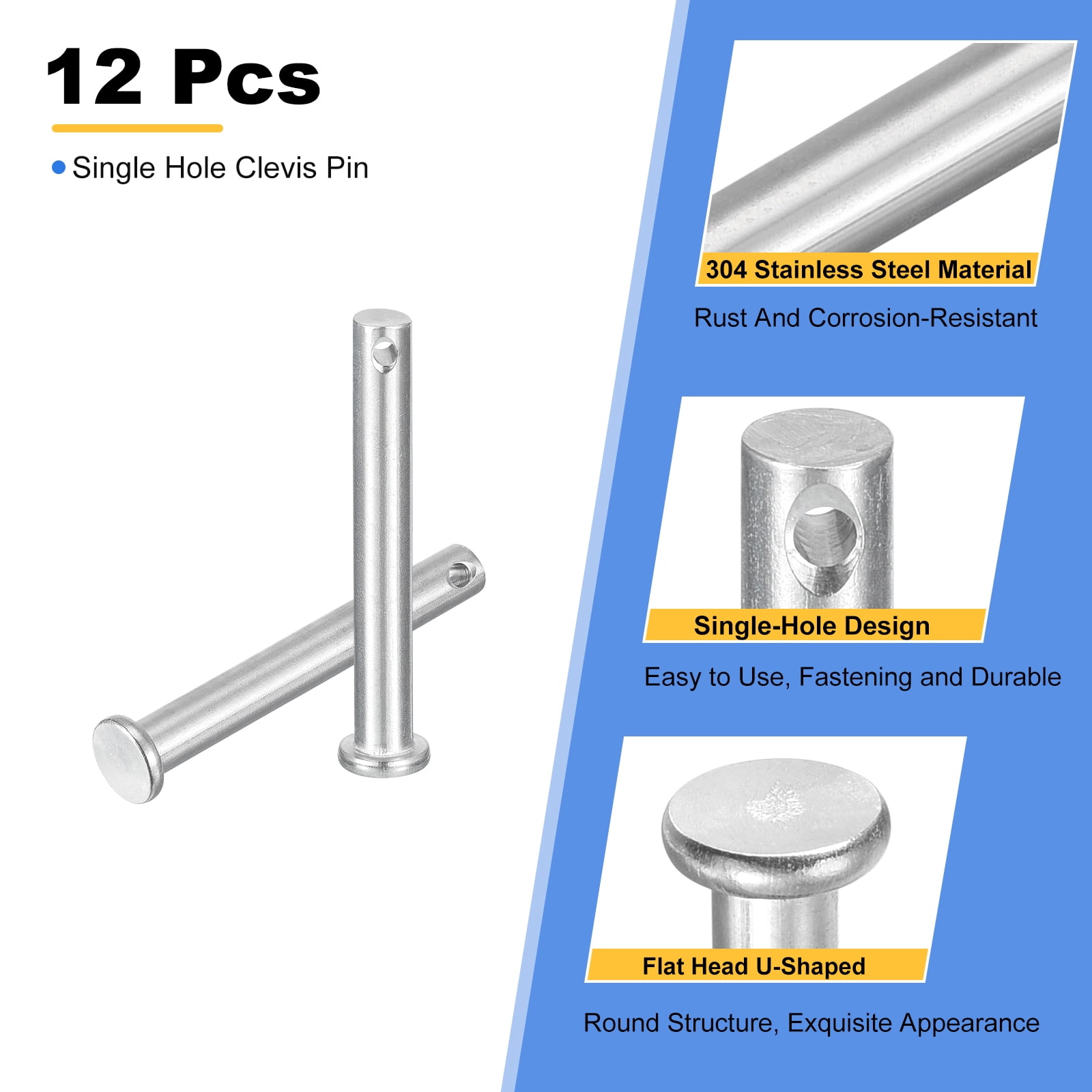 12Pcs 5/16" x 2-3/8" Single Hole Clevis Pins, 304 Stainless Steel Flat Head Pins