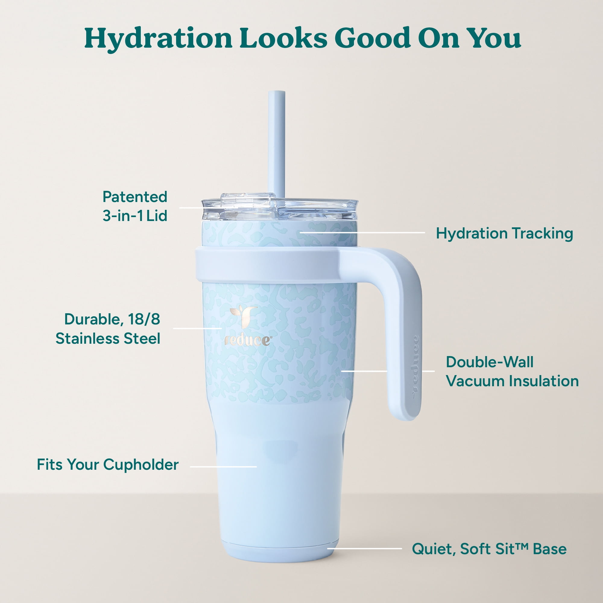 Reduce 24oz Cold1 Travel Mug with Straw, Lid & Handle. Insulated Stainless Steel, Ice Blue Cheetah
