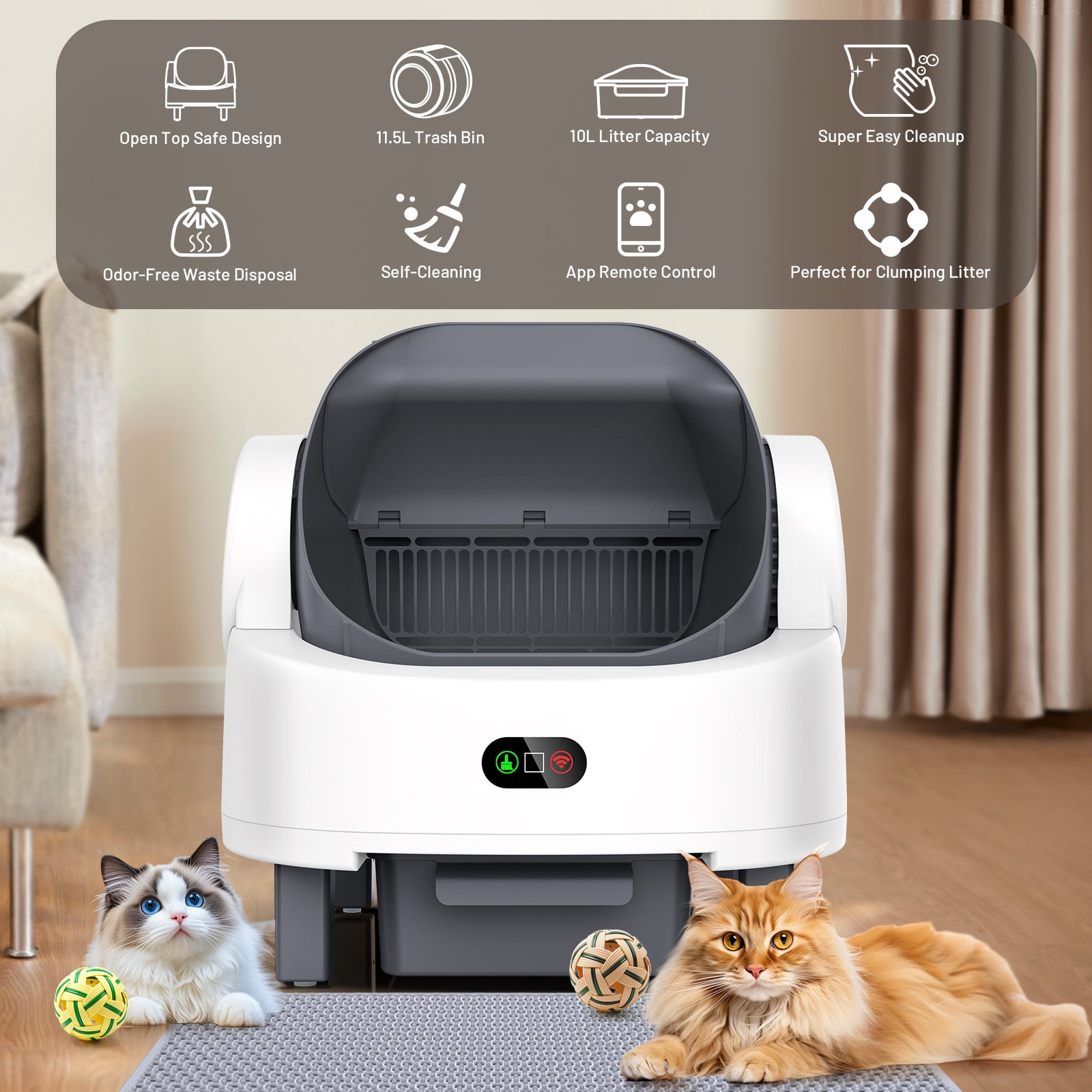 Smart Self-Cleaning Litter Box for Multiple Cats - Automatic Open-Top Cat Litter Box with App Control, 12 Safety Sensors & Odor Control - Includes Litter Liner Bags & Waterproof Litter Mat - White