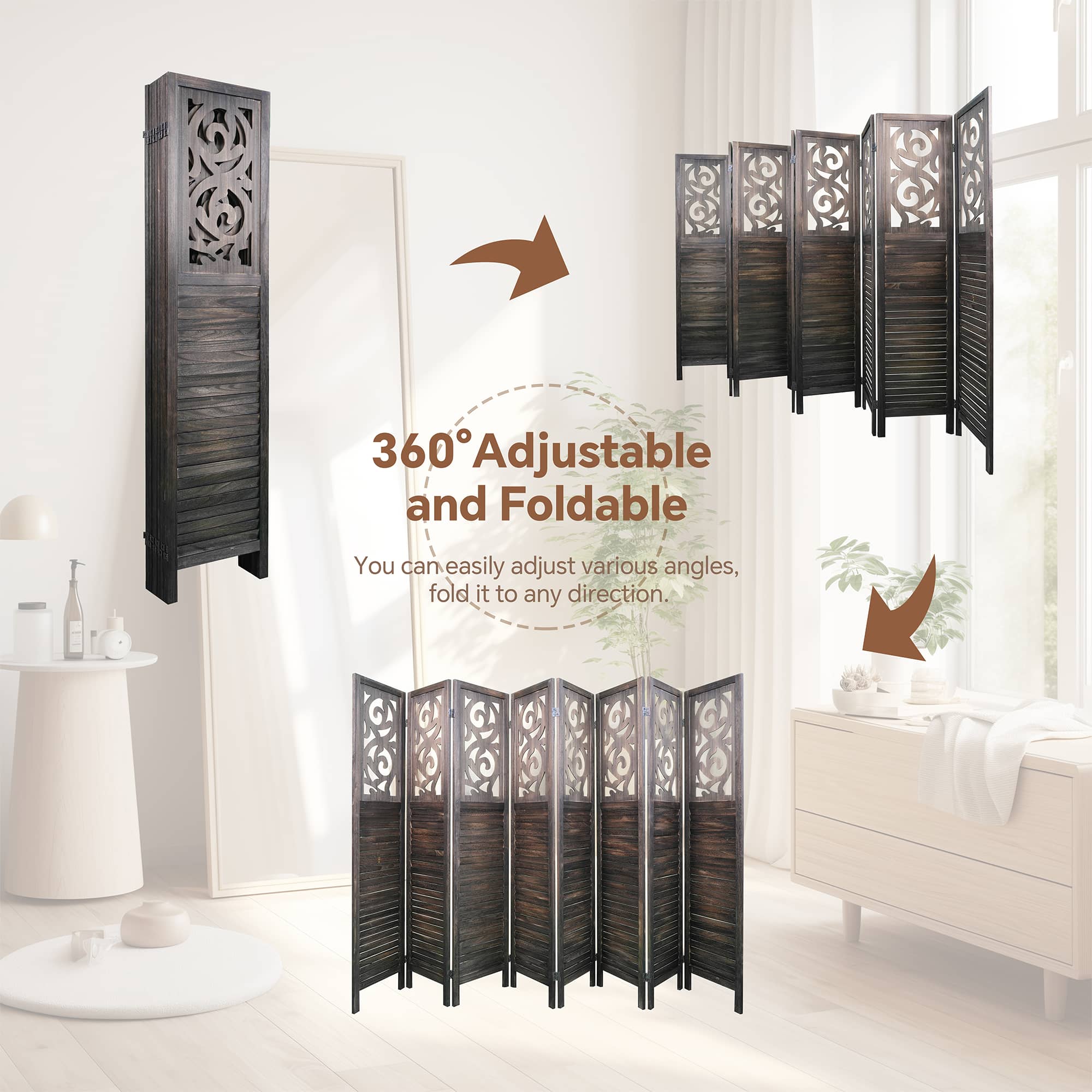 MAYEERTY 8 Panel Freestanding Room Dividers, 6FT Carved Wood Folding Privacy Screens, Rustic Brown