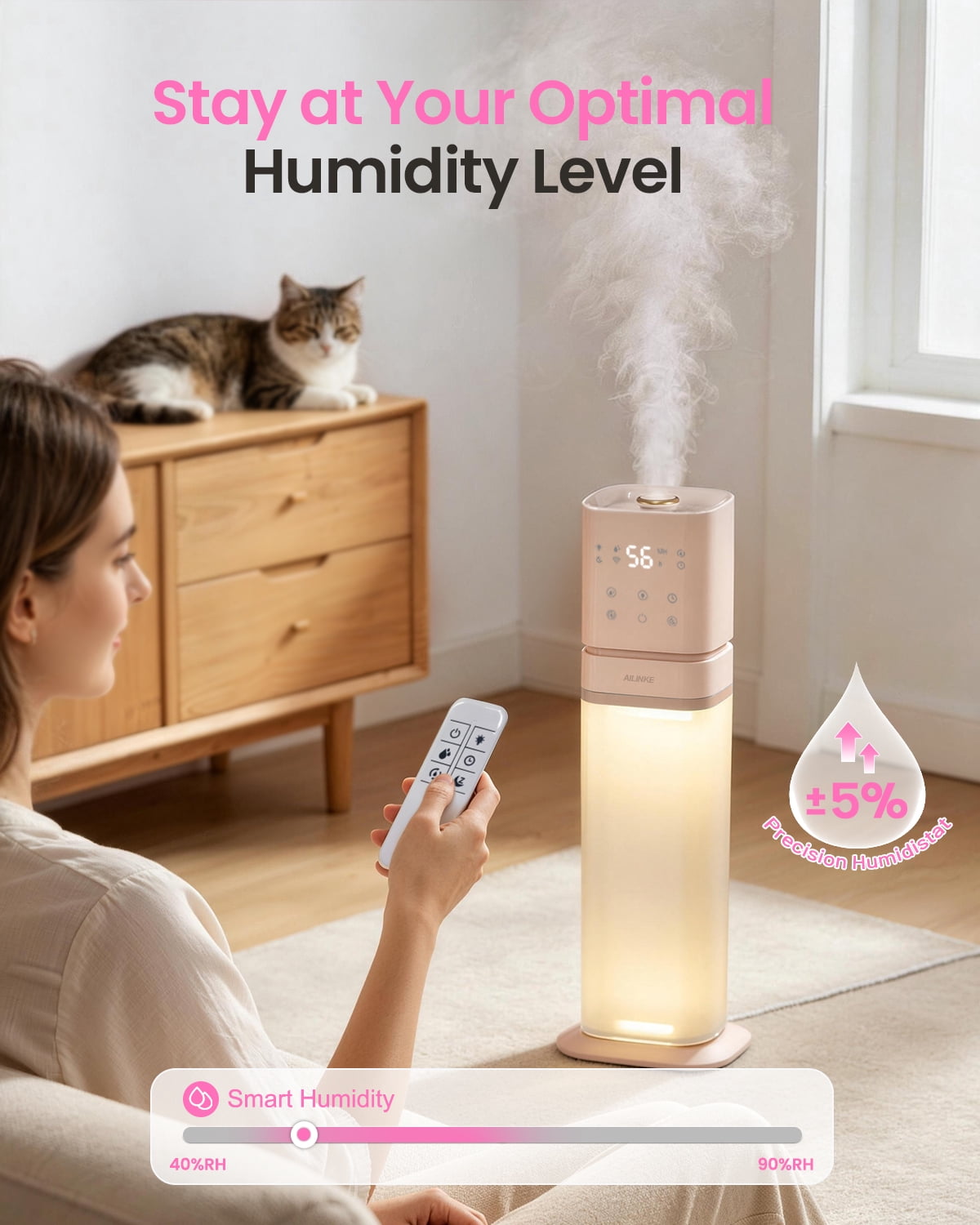 Smart Humidifier Large Room, 2.1Gal/8L Humidifiers for Bedroom with Extended Tube&Night Light, Whole House Cool Mist Humidifiers, WIFI App&Voice Control, School/Office/Warehouse, Pale Pink