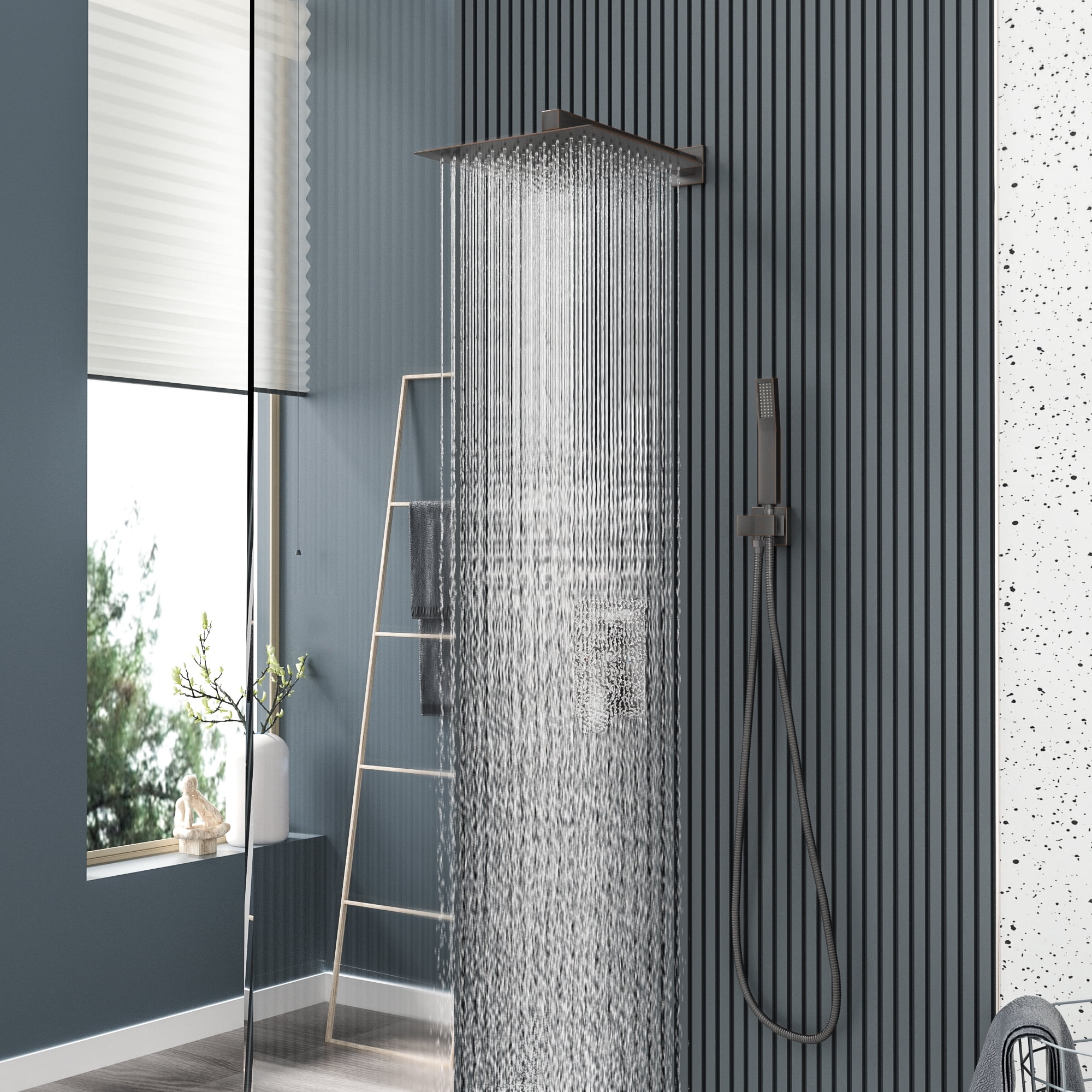 Logmey 10" Wall Mounted Pressure Balancing Dual Shower Rain Shower System with Rough-in Valve and Trim Kit, Oil Rubbed Bronze Stainless Steel Shower Head