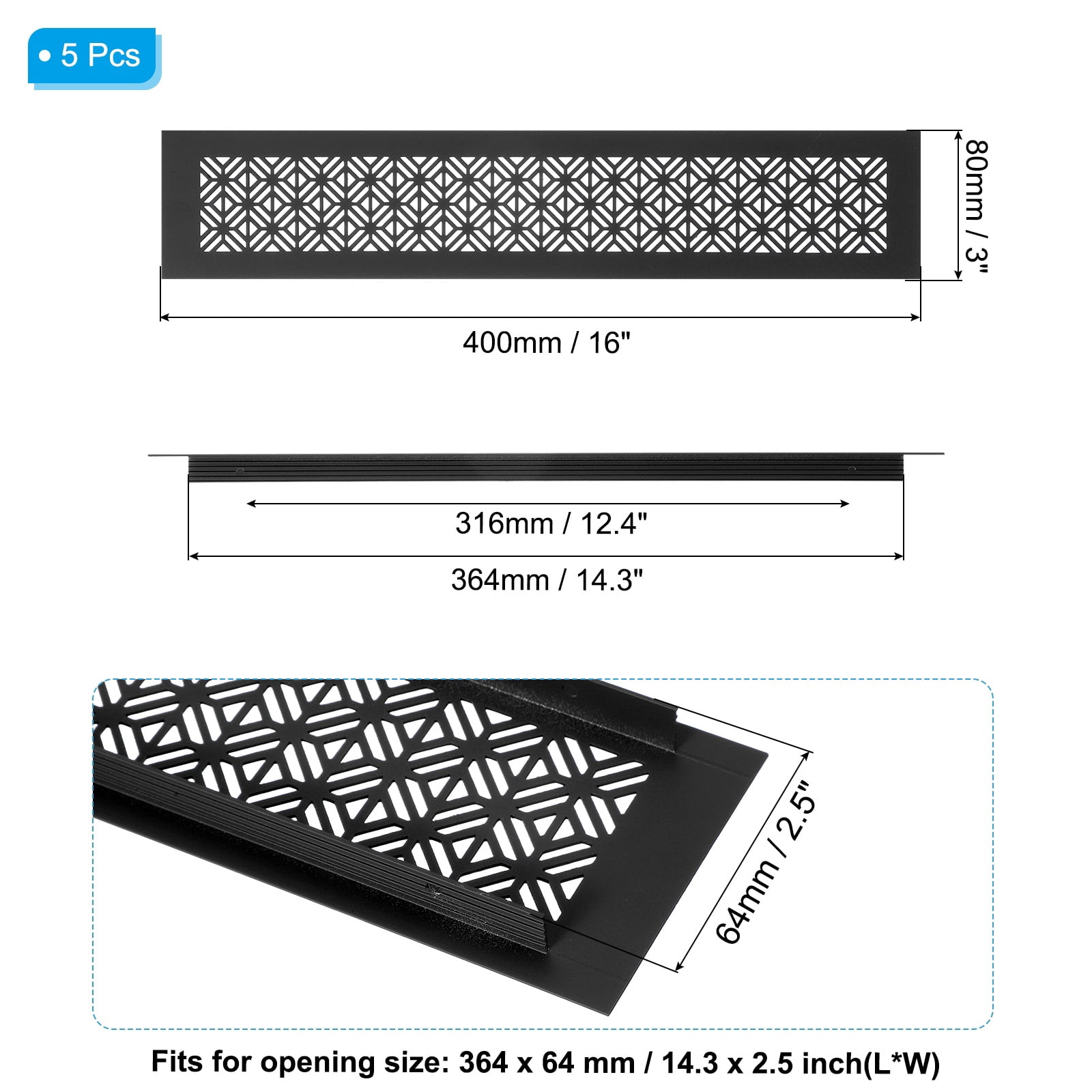 Uxcell 5 Set 16 x 3 Inch Door Air Vent Cover, Heavy Duty Aluminum Grille Ventilation Cover Louvered with Mounting Screws for Cabinet Wardrobe Door, Black