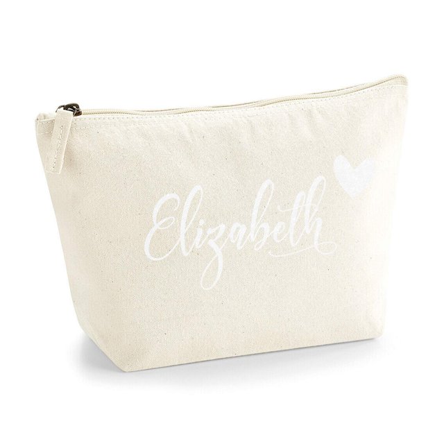 Personalized Name Initials & Heart Make Up Accessory Bag in Natural Colour Glitter or Flock Texture Print - White Flock - L Natural