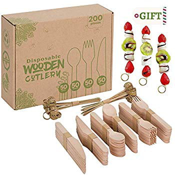 TERRA FARM Disposable Wooden Cutlery Set, Eco-Friendly Compostable Biodegradable Recyclable Cutlery Kit, Pack of 200 Flatware Utensils Kitchen Silverware, Eco Earth Bamboo Free Forks Spoons, Knives.