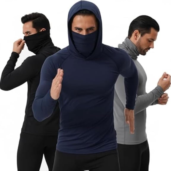 3 Pack Men's Hooded Long Sleeve Shirts Quick Dry Stretch Compression Tops Outdoor Sports Working Casual Wear