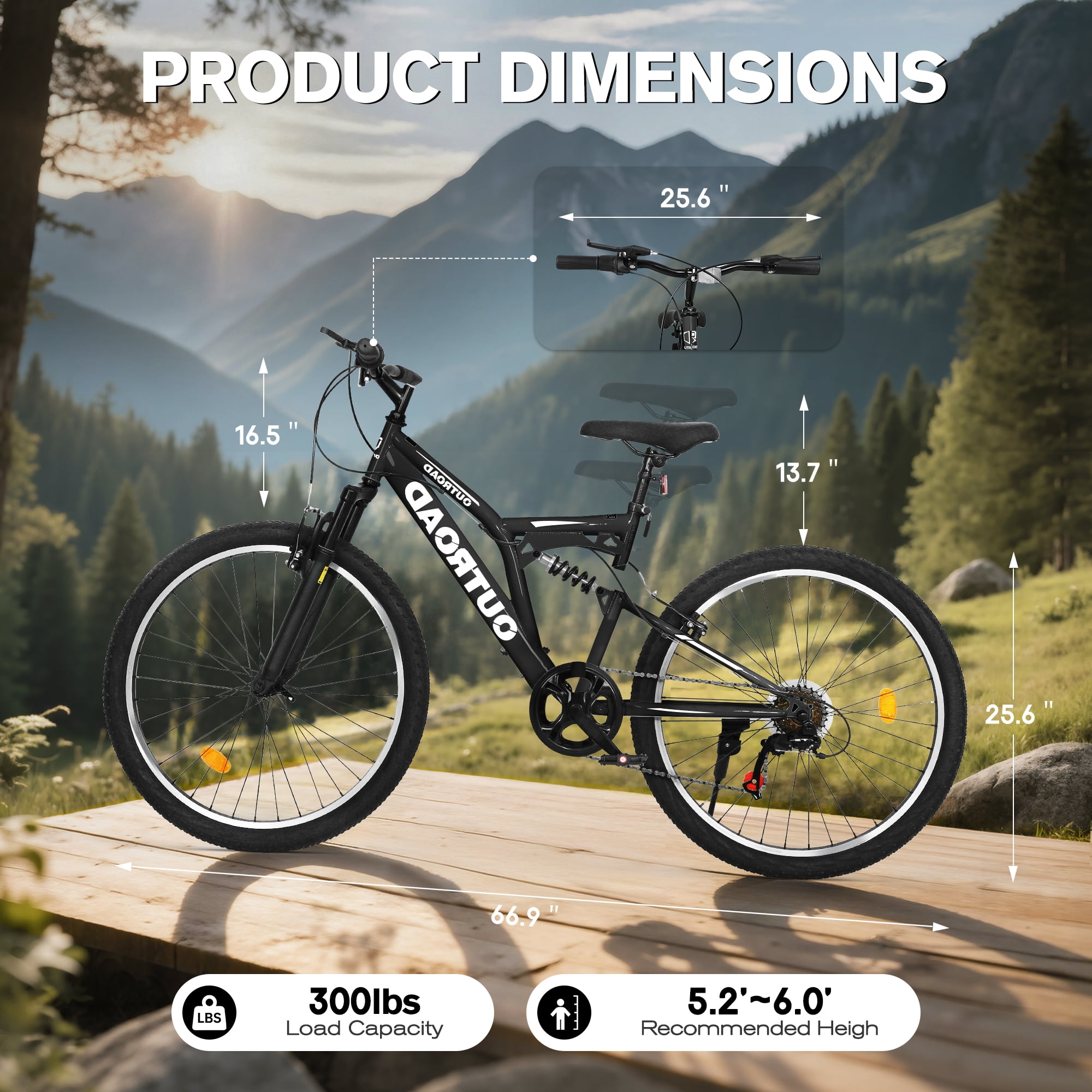 Marknig 26 inch Mountain Bike, 7 Speed Adult Bicycle with High-Carbon Steel Frame, Dual Disc & V-Brakes, Adjustable Seat for Men and Women,MTB with Shock Absorption System, Black