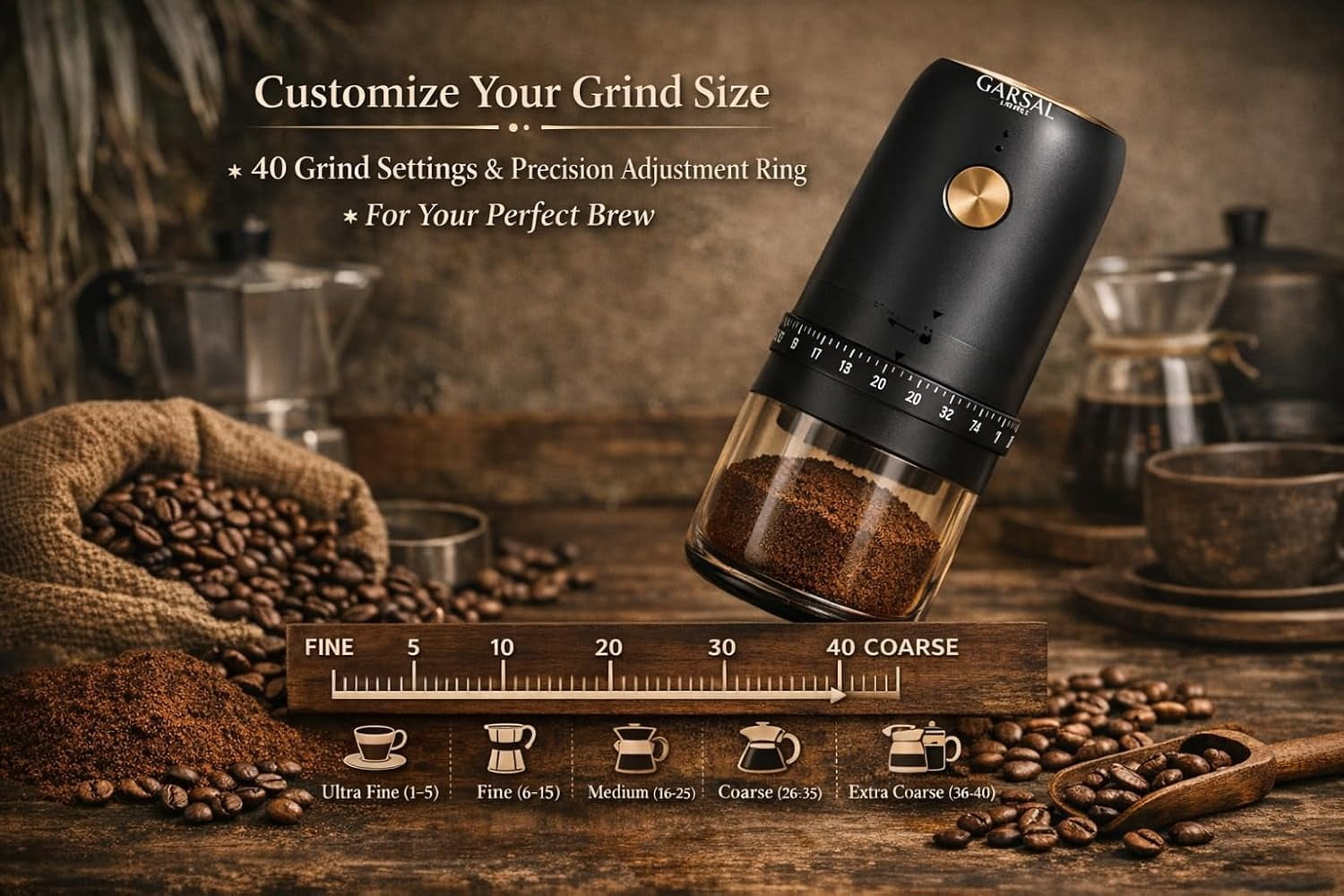 Electric Burr Coffee Grinder with 40 Settings Stainless Steel USB-C Rechargeable for Fresh Brew