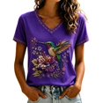 thumbnail image 3 of Tshirt Women Skin Friendly Floral Hummingbird Print V Neck Short Sleeve Tee Weekend Women Blouse, 3 of 5