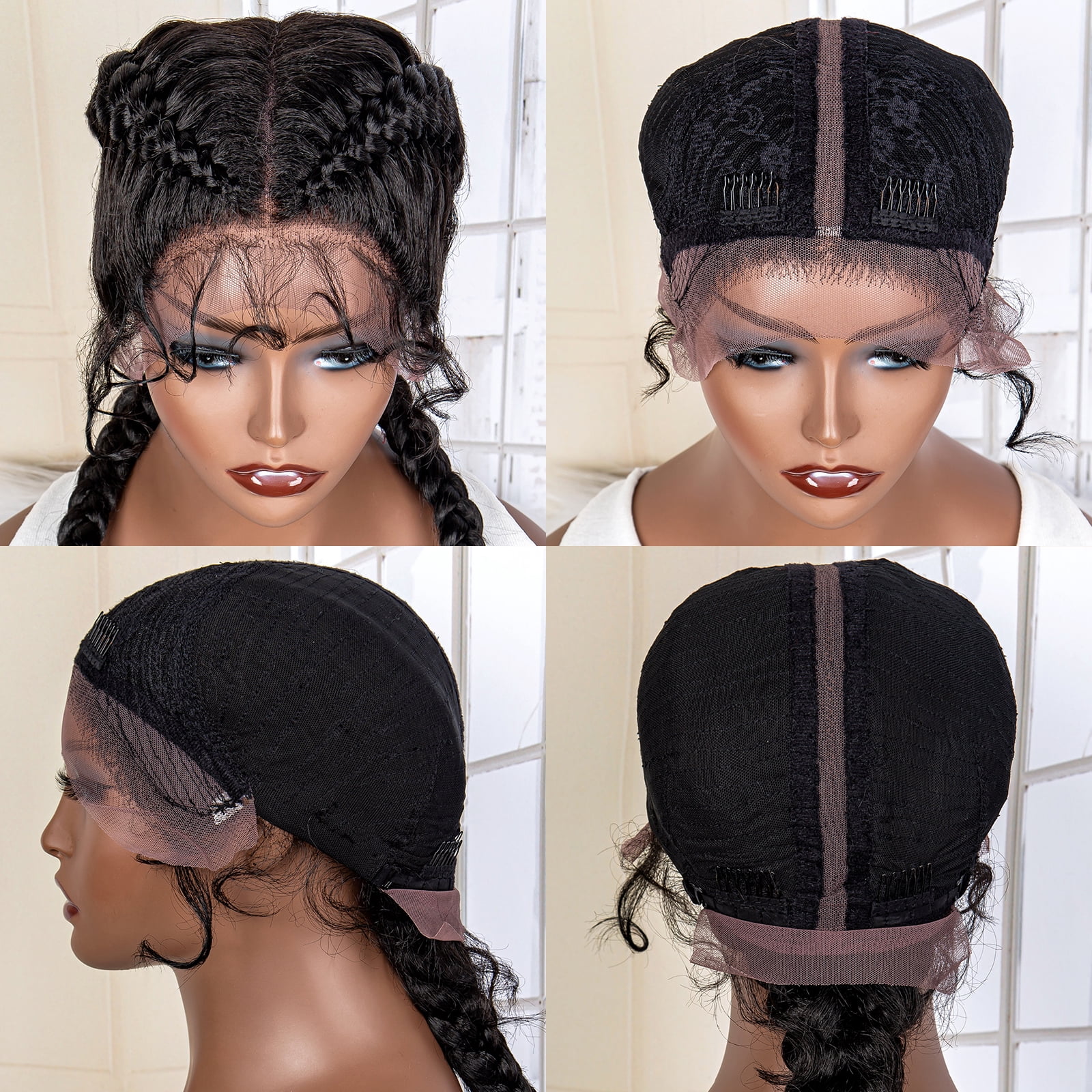 36 Inches Long Lace Front Synthetic Braided Wigs Lace Front Twins Cornrow Braided Wig for Black Women with Baby Hair Middle Part (1B Color)