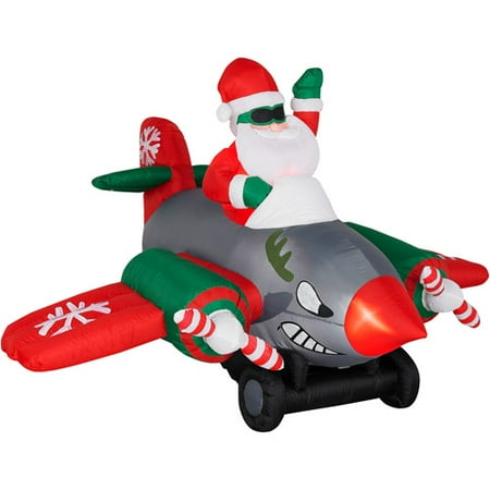 animated airblown inflatable santa in twin prop airplane christmas