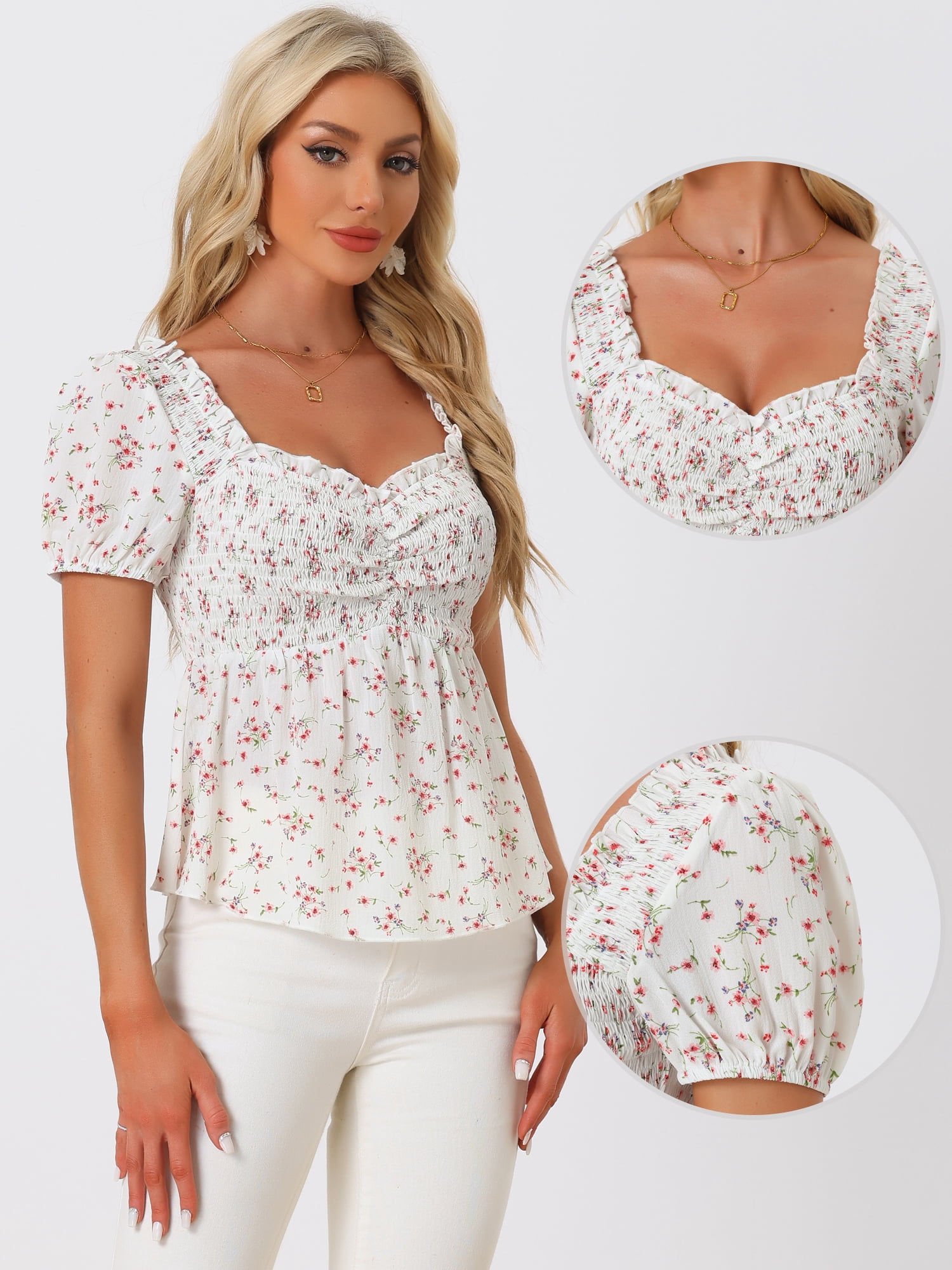 DARING DIVA Women's Floral Neck Ruffle Peasant Top Blouse M White