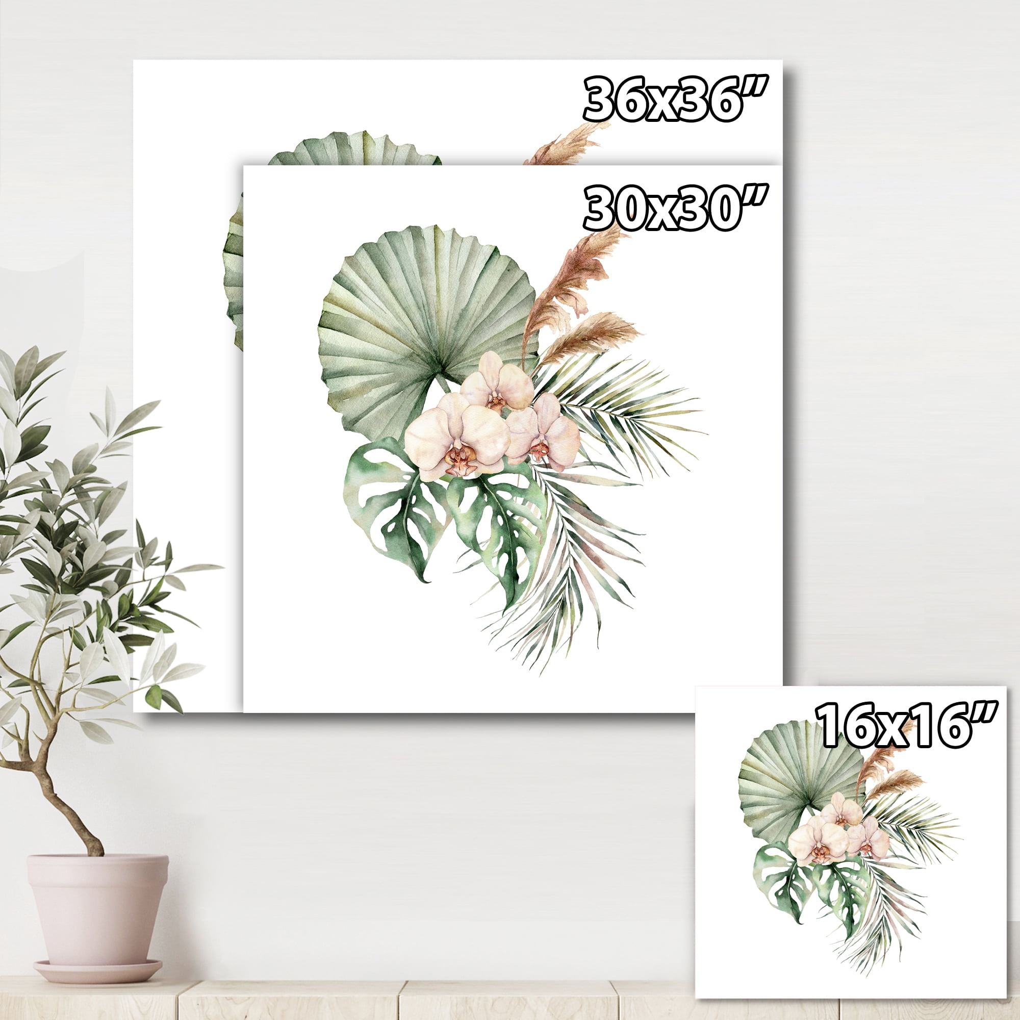 Tropical Bouquet With Palm Orchids Leaves 30 in x 30 in Painting Canvas Art Print, by Designart