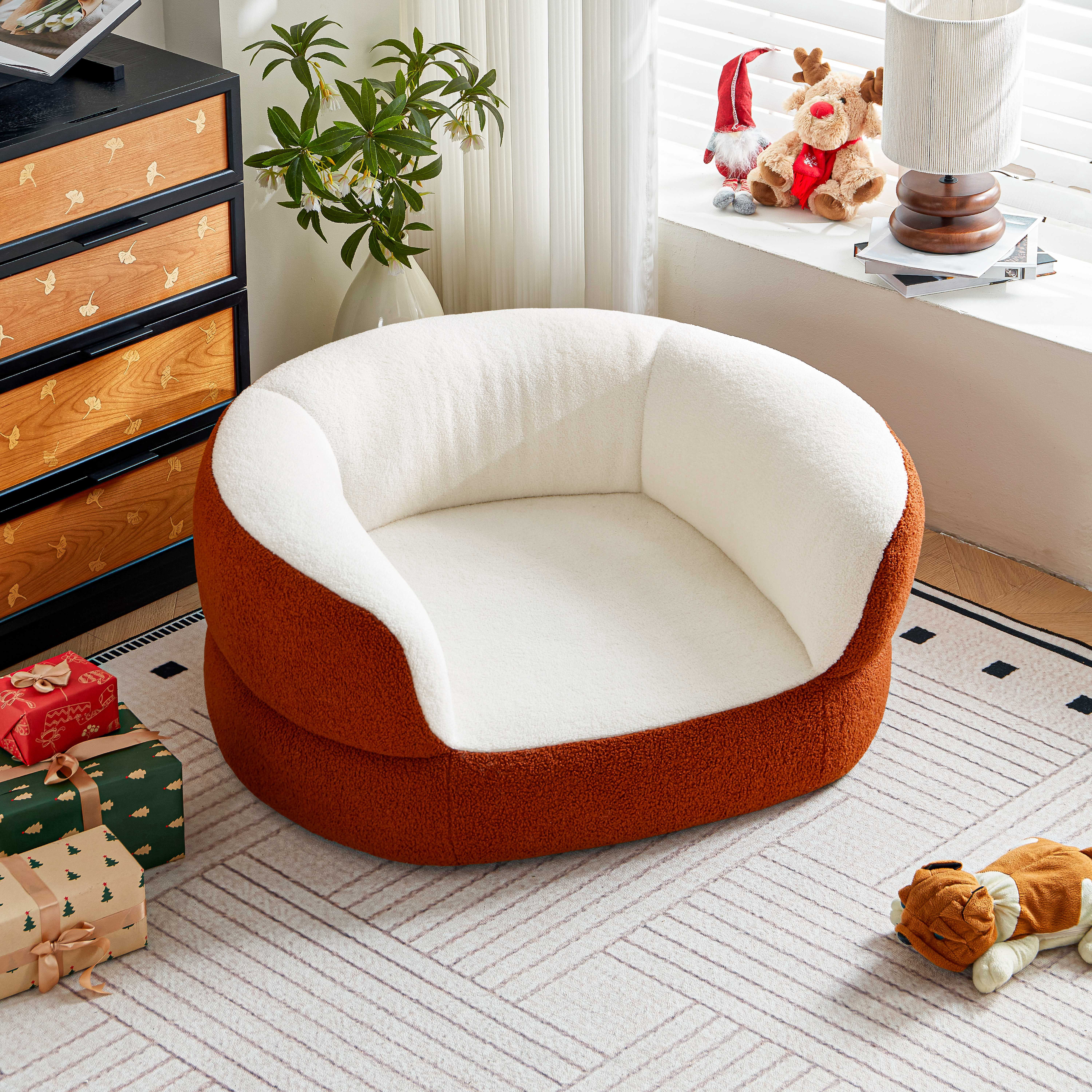 Faux Shearling Indoor Dog Bed Couch for Large and Medium Dogs under 70 lbs, Orthopedic Donut Round Elevated Furniture Pet Bed Sofa with High Backrest, No Assembly Required