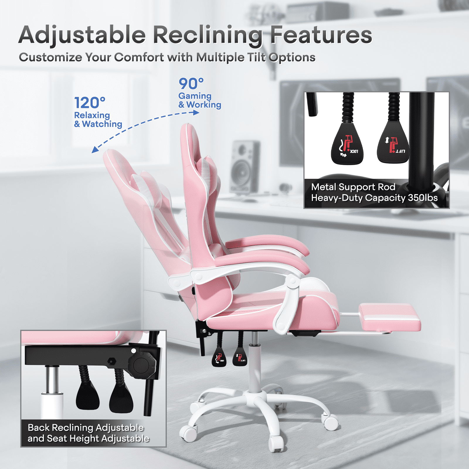 OSM Gaming Chair with Footrest & Headrest, High-Back Ergonomic Computer Desk Chair - Adjustable Lumbar Support, Reclining Office Chair for Adults, 350lbs, Pink