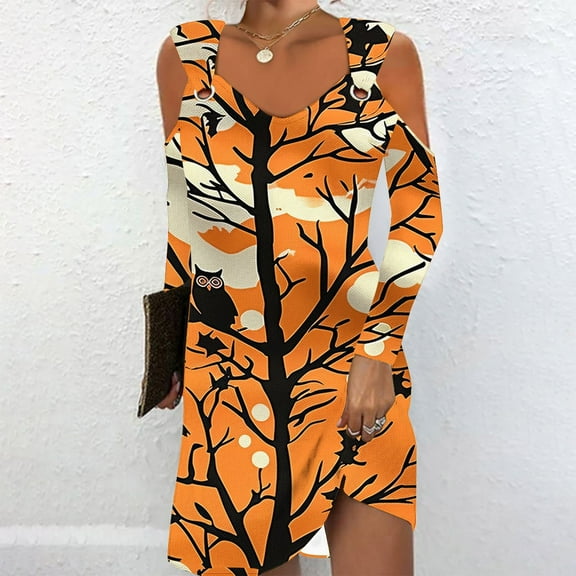 WXLWZYWL Ladies Evening Dresses Casual Halloween Printed Dress Long Sleeve Strapless Dress Fashion Round Neck Suspender Off Shoulder Dress