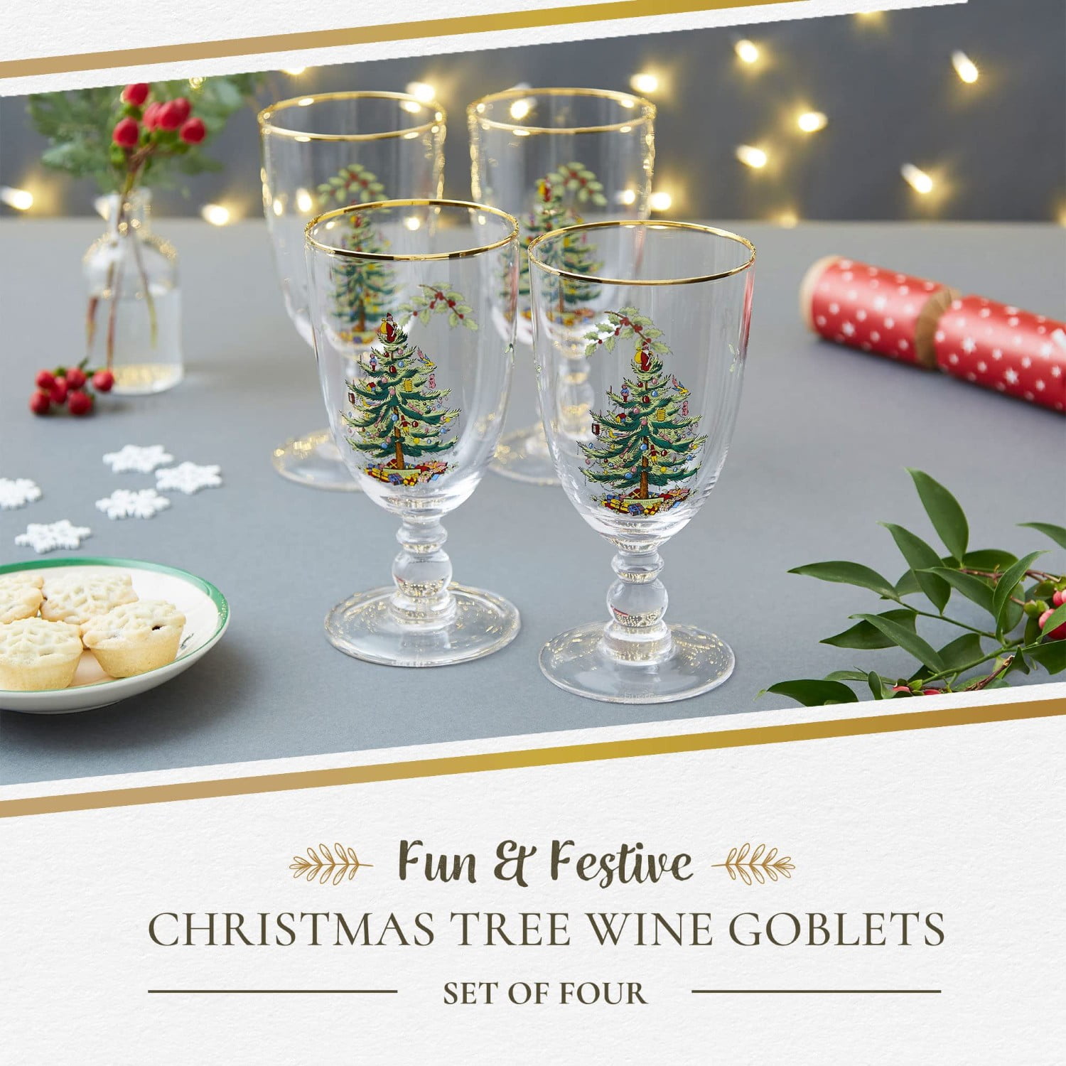 Spode Christmas Tree Gold 16oz Pedestal Goblets (Set of 4) - Gold Rimmed Glasses, Festive Holiday Drinkware for Christmas Dinner, Wedding Gifts - Holiday Glassware for Wine, Cocktails & Martinis