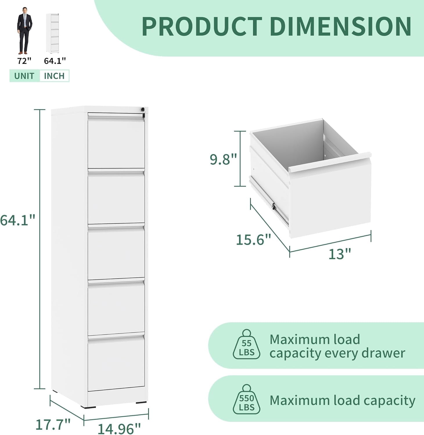Vertical File Cabinets with Lock for Home Office, Heavy Duty Office Steel Filing Cabinet for Hanging Letters/Legal/A4, Assembly Required