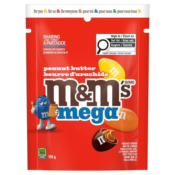M&M'S, Peanut Butter Mega Milk Chocolate Candies, Sharing Bag, 155g