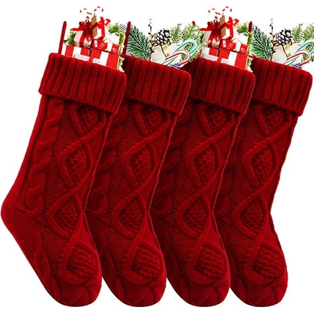 Swtroom Christmas Stockings, 4 Pack Personalized Christmas Stocking 18 Inches Large Cable Knitted Stocking Decorations for Family Holiday Xmas Party Decor, Red