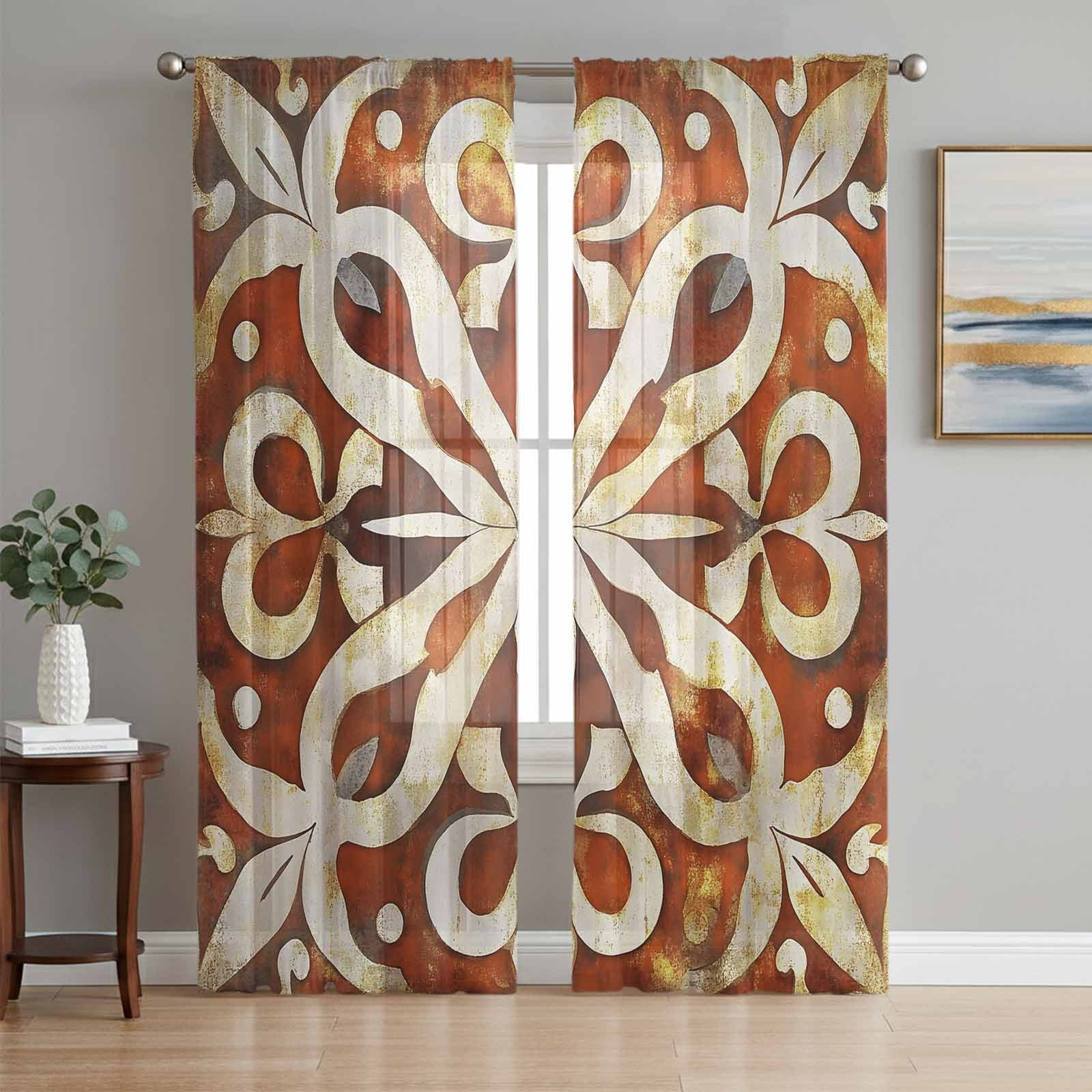 Burnt Orange Retro Semi Sheer Curtains 72 Inch Length 2 Panels Set Ethnic Flowers Impressionist Art Sheer Kitchen Curtain Privacy Voile Window Curtain for Living Room Bedroom Rod Pocket Drapes
