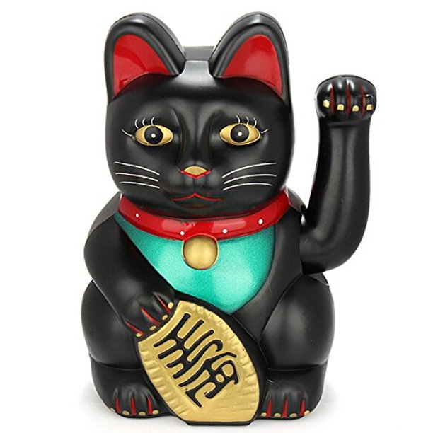 Eigramset Rey Mono Feng Shui Gatos de la Suerte Haciendo Señas Agitando la Riqueza Gato Maneki Neko 6" Alto Negro Oro Mk9904