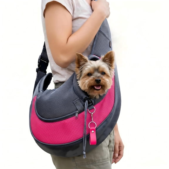 Pet Dog Sling Carrier for Small Dogs & Cats, Adjustable Strap Mesh Hand Free Puppy Carrier Bag for Outdoor Travel, Fits Pets Up to 5 lbs (Pink)