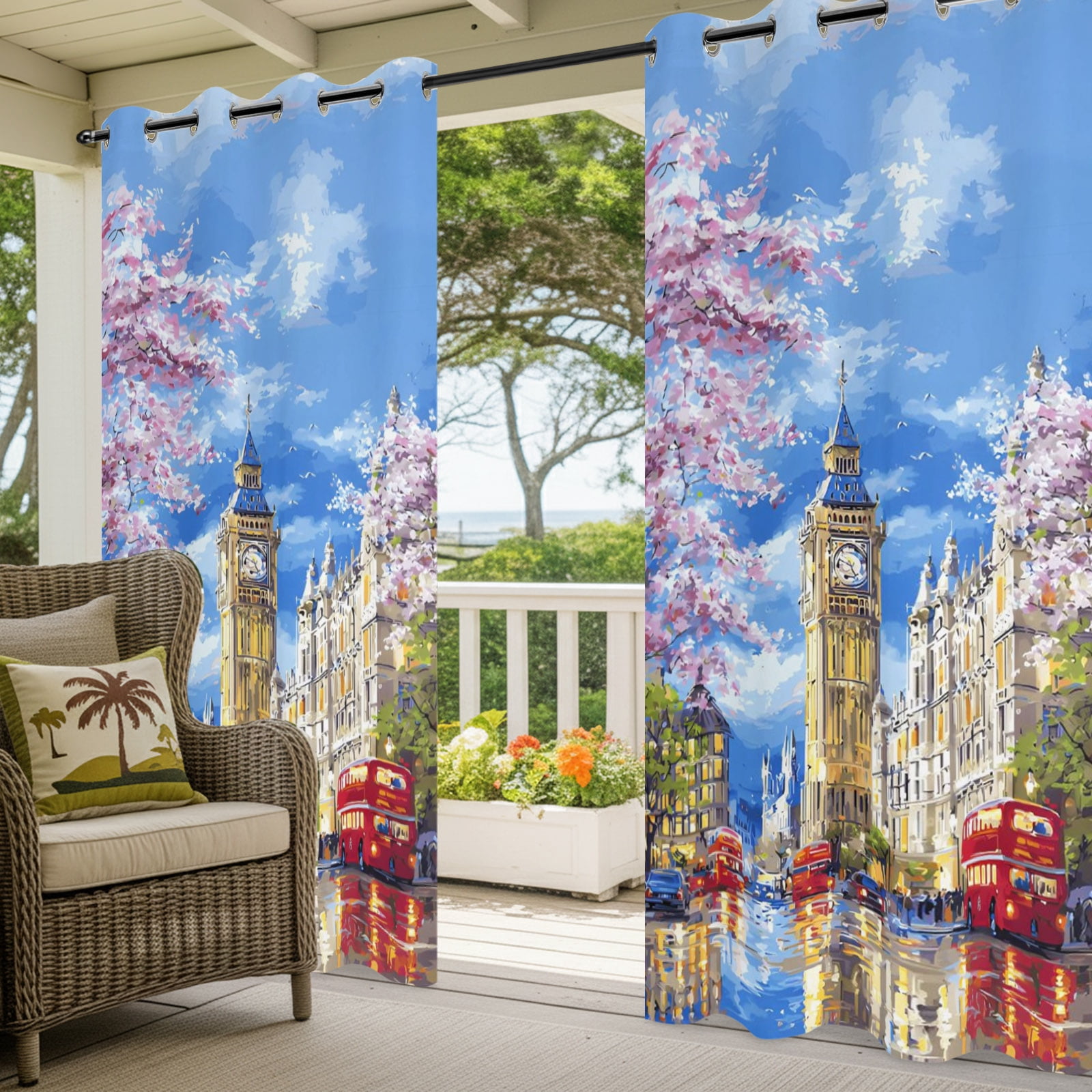Big Ben Outdoor Curtains for Patio, Spring Cherry Blossoms Red Bus Impressionist Sunshade Privacy Drapes Grommet Waterproof Outside Curtains for Porch/Cabana/Balcony 54"x 108", 1 Panel