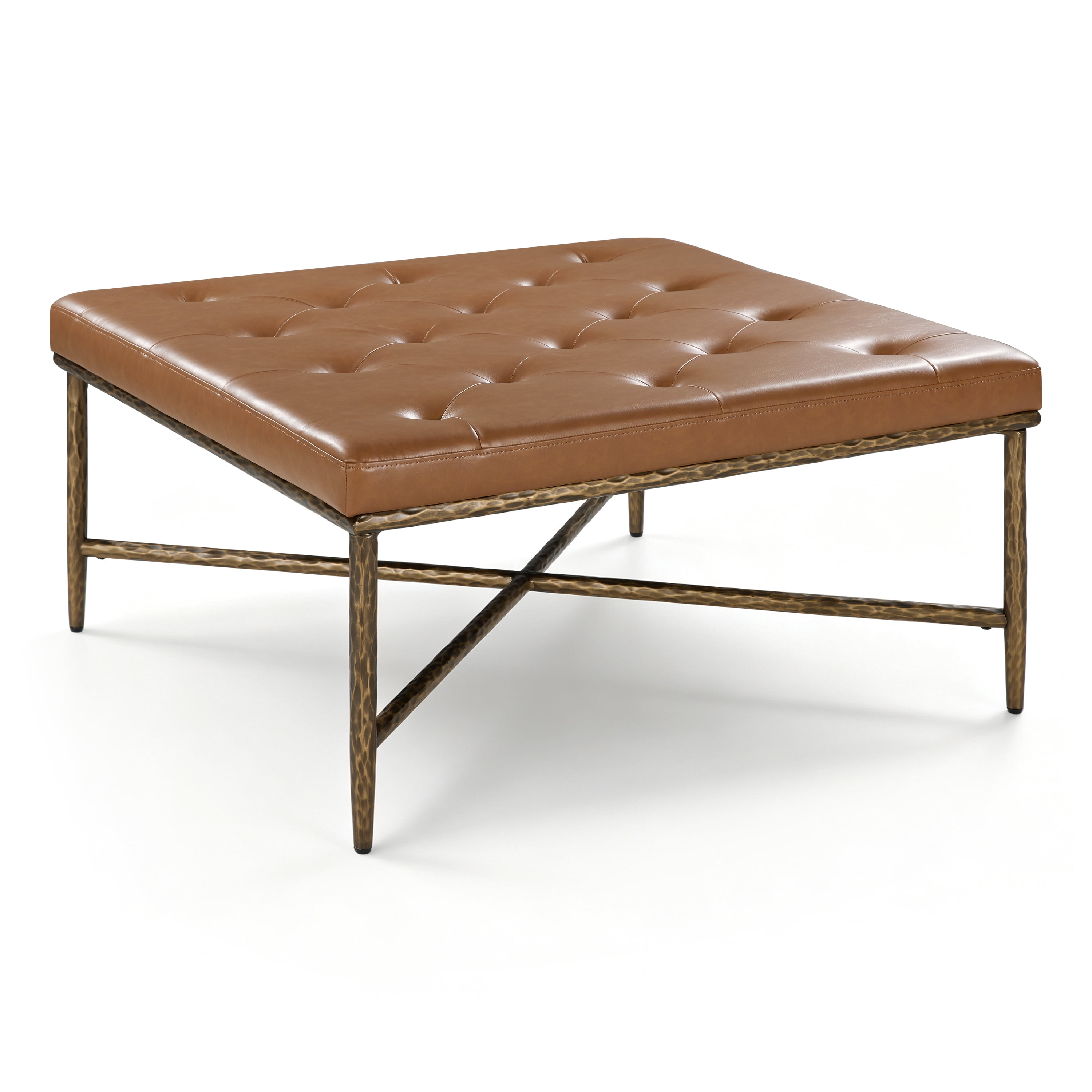 Euroco 36" Square Tufted Ottoman Coffee Table,Modern Upholstered Footstool Center Table with Hammered Metal Frame & X-Base for Living Room,Brown
