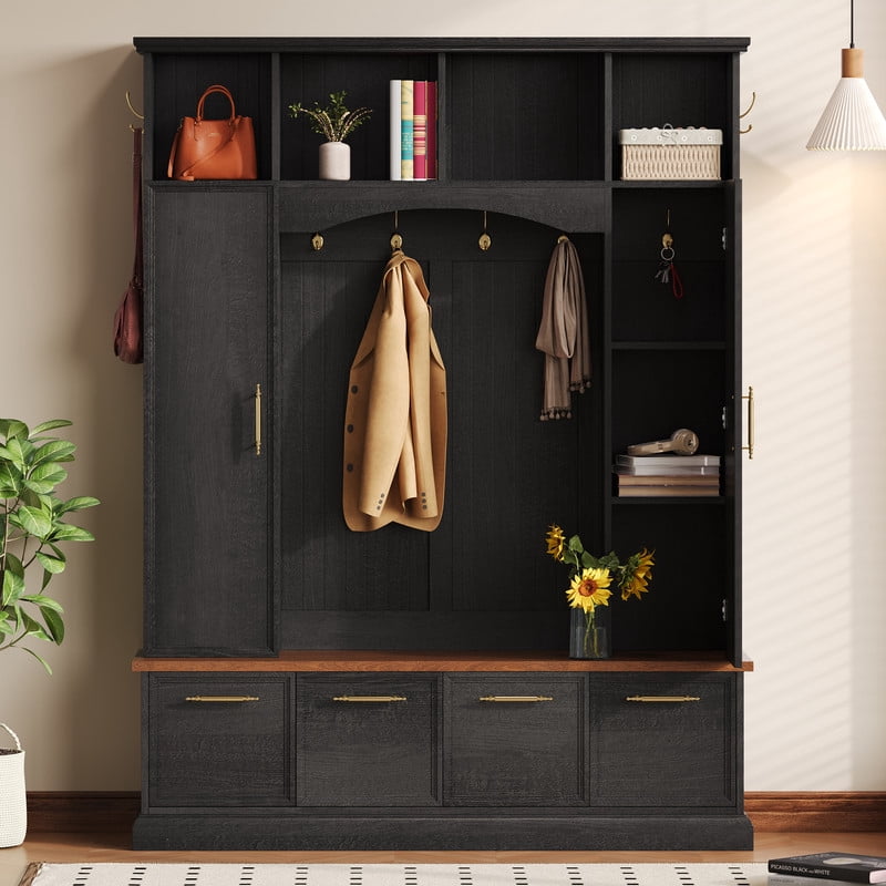 76.7''H Tall Hall Tree with Golden Hooks & Handles, Entryway Large Shoe Storage Bench with Cabinets & Adjustable Shelves