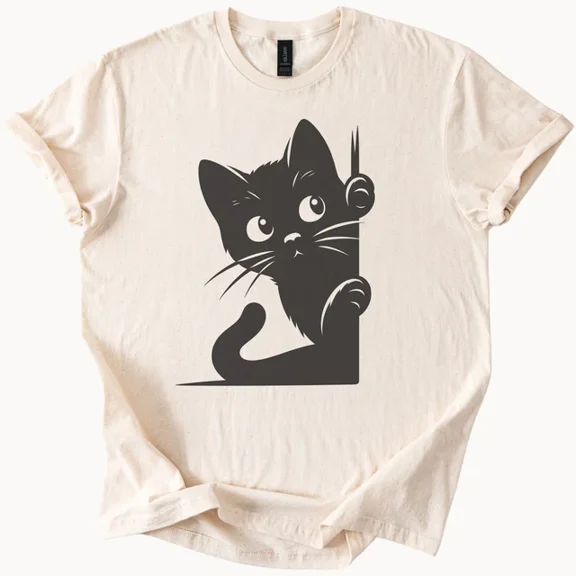 Hot Trending Peeking Black Cat Graphic Tee Cute Kitten Shirt for Cat Lovers Design Preview Only