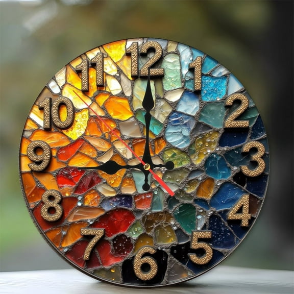 Mosaic Glass Wall Clock Colorful Handmade Unique Decor 10-Inch Silent Wooden Wall Clock, Battery Operated (AA Batteries Not Included), Artistic Home Decor