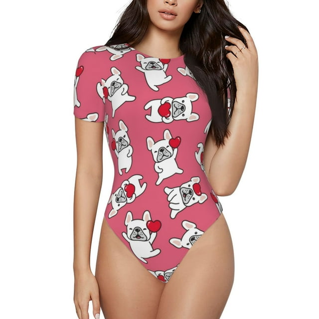 Saiise Motif Bouledogue Français et Cœur Grenouillère à Manches Courtes Col Rond Pyjama Extensible avec Fermeture à Pression-Grand