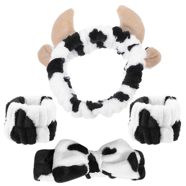 BRIGHTFUFU 1 Juego de diademas para lavar la cara, muñequeras para mujer, diademas para Spa, accesorios para el cabello con estampado de vaca