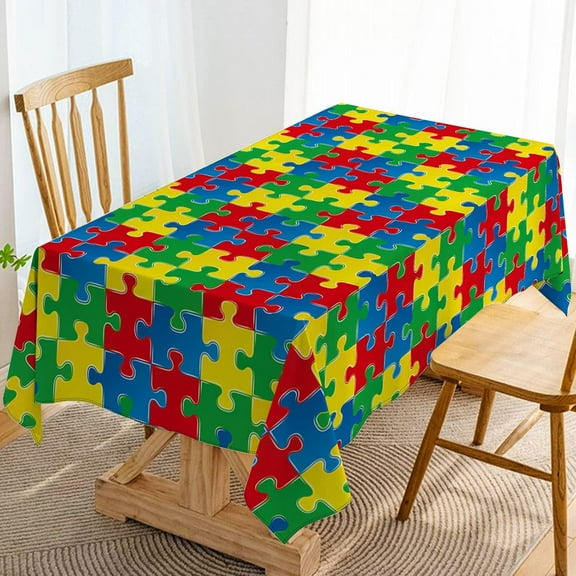 Autism Awareness Tablecloth April Puzzle Piece Decoration Rustic Kitchen Dining Room Home Decor-60×84inch